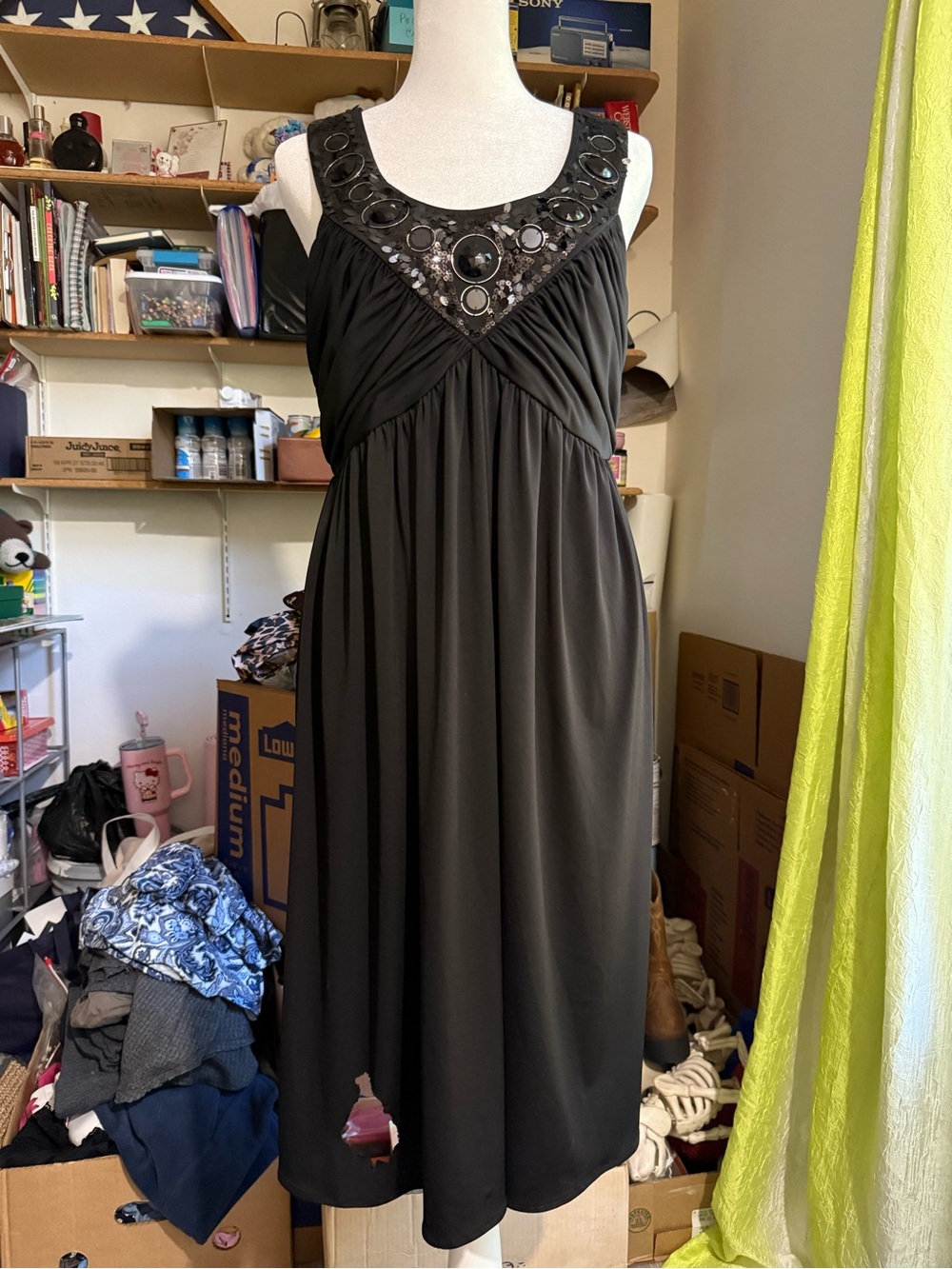 Maggy London Black Midi Dress with Embellished Neckline